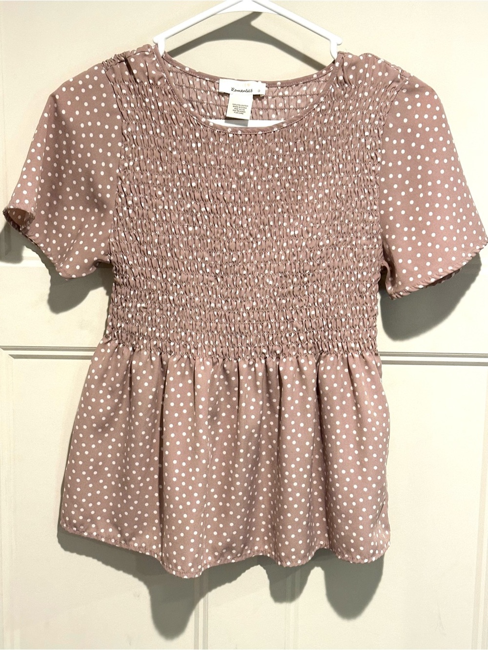 URBAN Romantics Dusty Pink Polka Dot Smocked Peplum Top Babydoll - Small